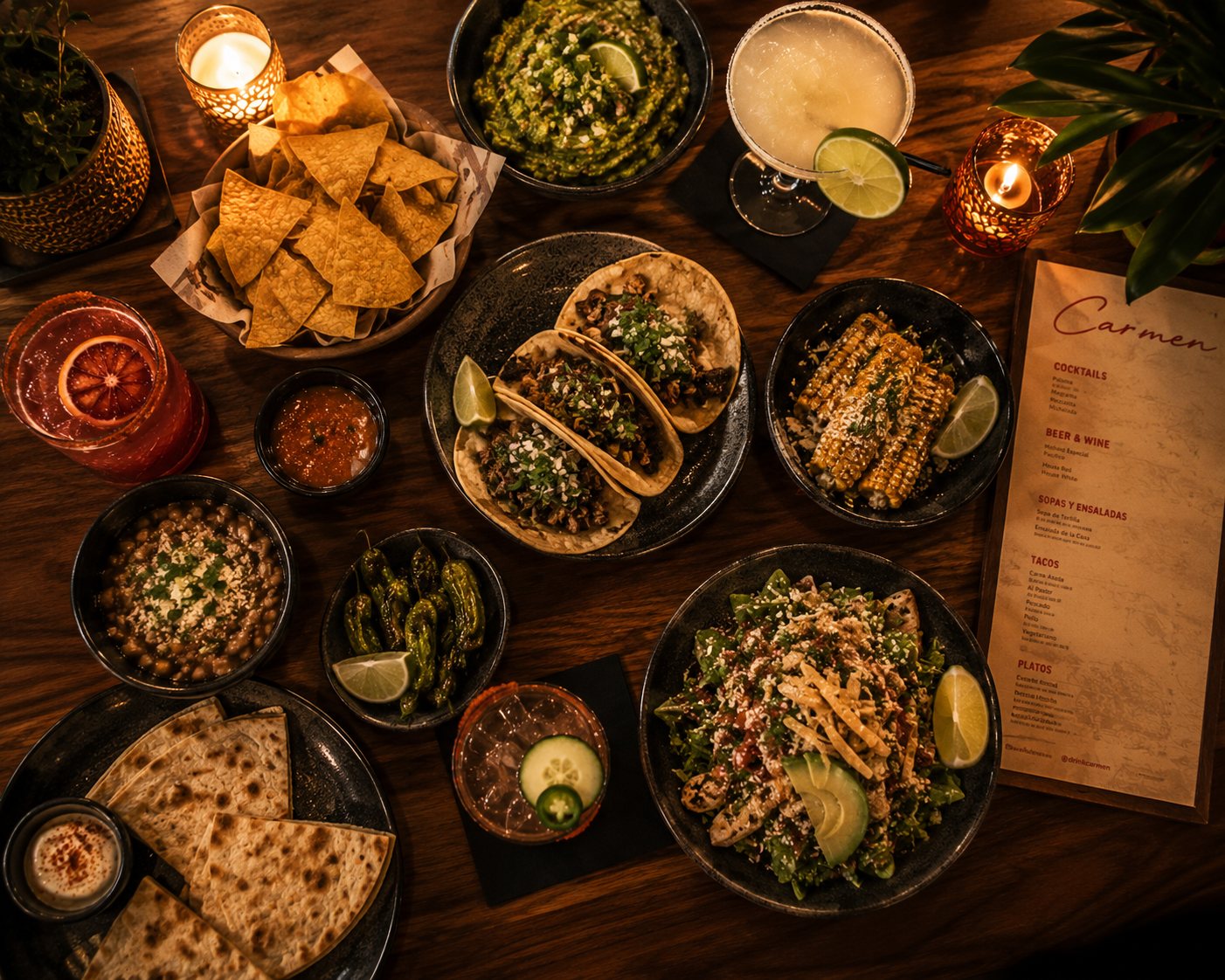 Tacos, guacamole, elote and margaritas spread across the table at Carmen