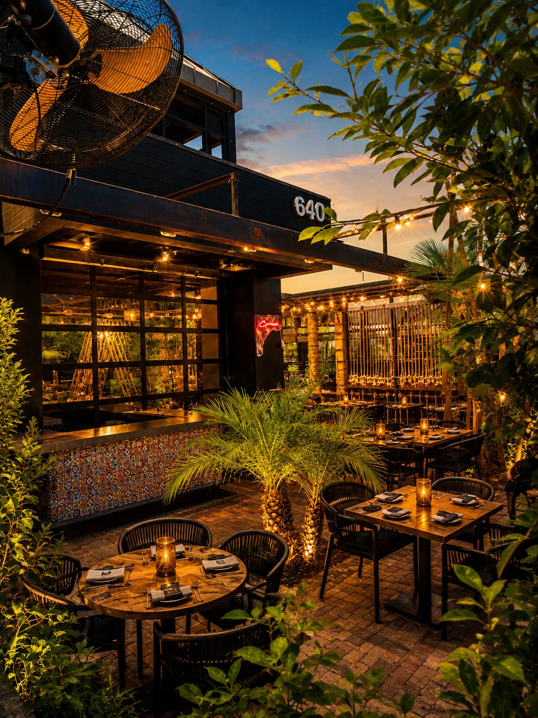 Carmen's candle-lit patio at 640 S Mill Avenue under a desert sunset