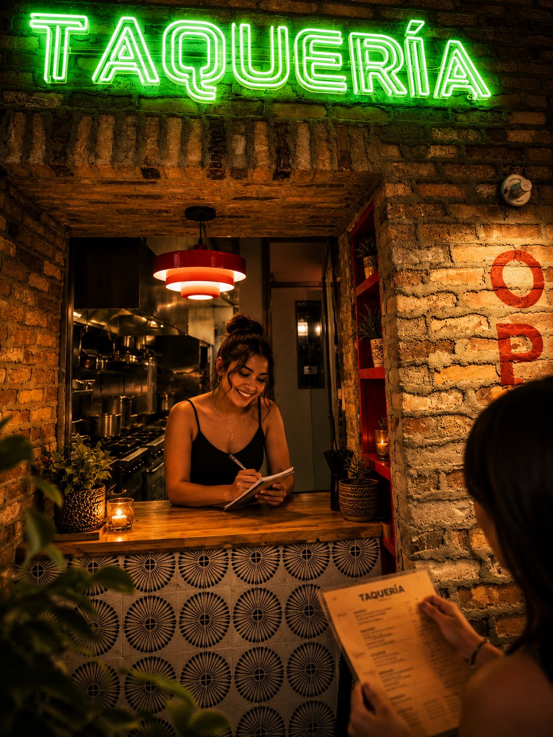A server taking an order at Carmen's neon Taquería window